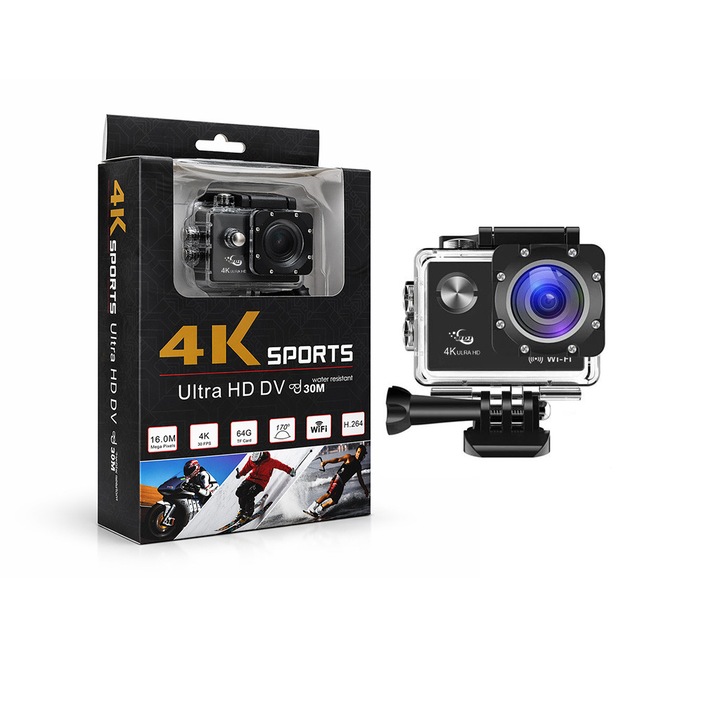 Camera de actiune 4K HD cu Wi-Fi si telecomanda - Negru