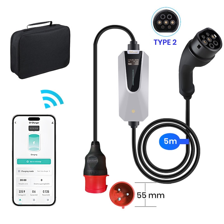 Statie de incarcare electrica portabila, 11kW, curent ajustabil (6/8/10/13/16A), tip 2, 5m, cu display LED, suport aplicatie mobila