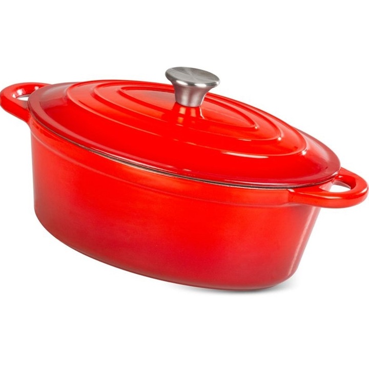 Oala cu capac din fonta emailata, capacitate 4.4 l, cu manere prindere, culoare rosie, 30x23 cm