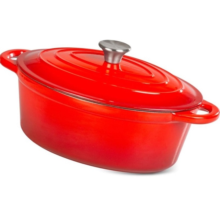 Oala cu capac din fonta emailata, capacitate 4.4 l, cu manere prindere, culoare rosie, 30x23 cm