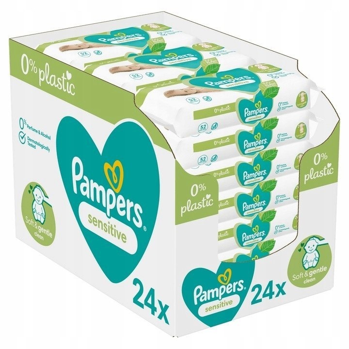 Servetele umede Pampers Sensitive, 24 pachete x 52 bucati, fara alcool, 100% fibre vegetale