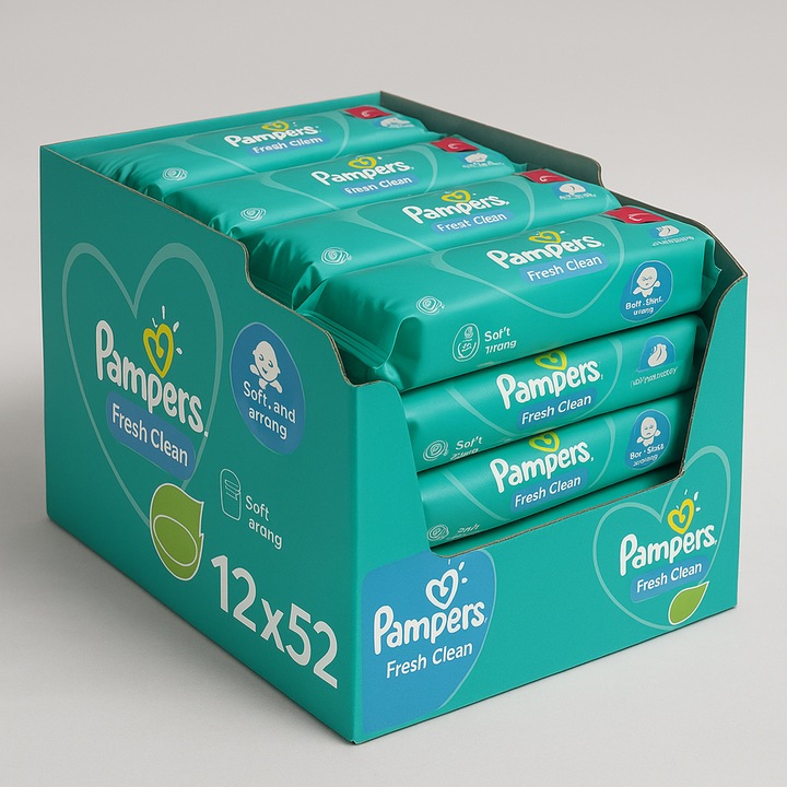 Servetele umede Pampers Fresh Clean, 12 pachete x 52 bucati, fara alcool, cu aloe vera, 18x17cm