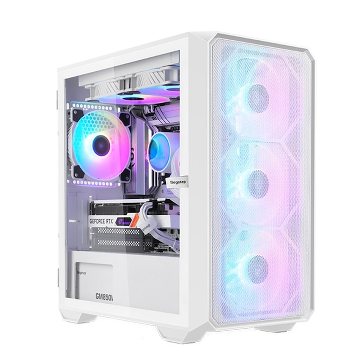 Кутия за компютър Segotep Alpha, SECC Steel ATX Mini Tower, без захранване, включени 4 120 mm aRGB вентилатора, страничен панел от закалено стъкло с панти и магнитно затваряне, бяла