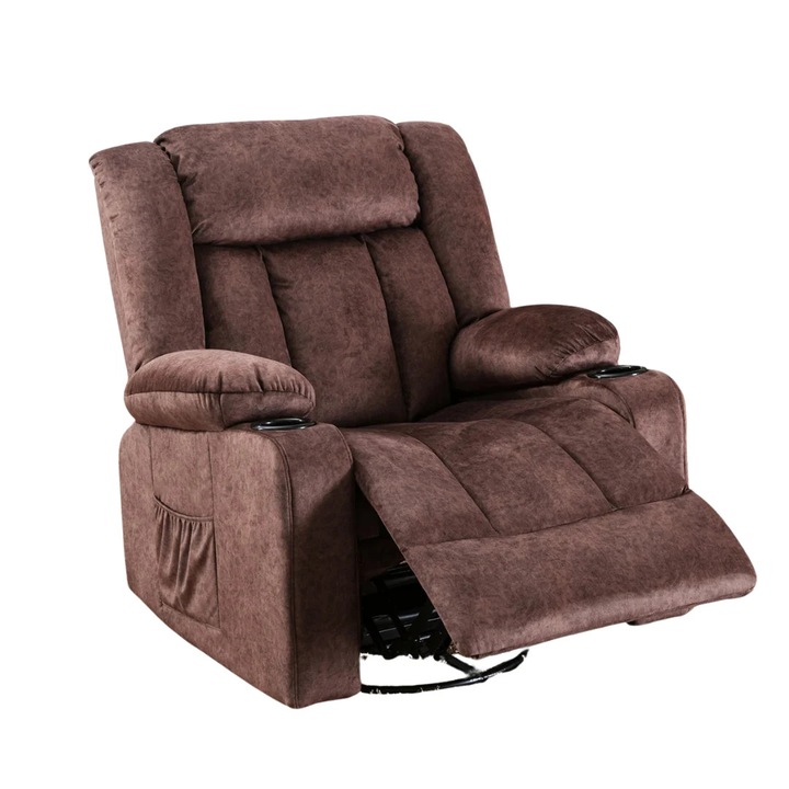 Elektromos dönthető fotel, masszázsfunkcióval, 90°-160°-ban állítható háttámla, kihúzható lábtartó, 2 pohártartó, barna