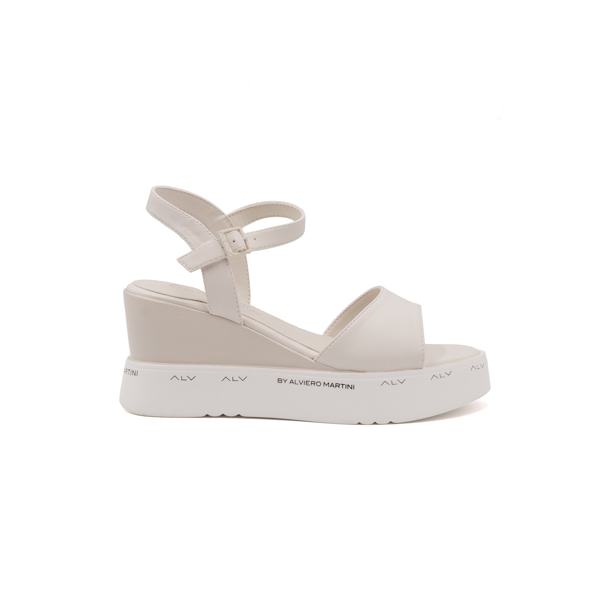 ALV by Alviero Martini, Sandale wedge din piele ecologica cu catarama, Bej deschis, 38