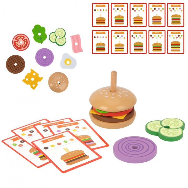 Set Usor de Asamblat Burger din Lemn, Woopie, 15 piese, Educational, Siguranta, Multicolor