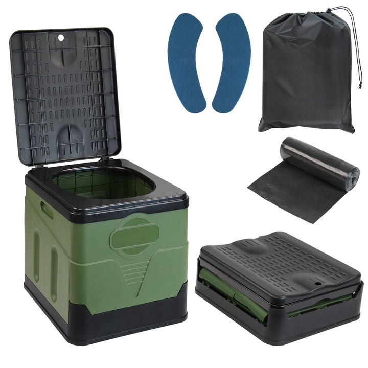 Set Toaleta portabil pliabil, Bedee, Capacitate de pana la 140 kg, 29.5*31.5*26.3cm, cu Geanta de depozitare + Pern + 12 saci de gunoi, Usor de curatat, pliabil, potrivit pentru camping, ciclism, pescuit, plimbari cu barca, viata in aer liber, Verde