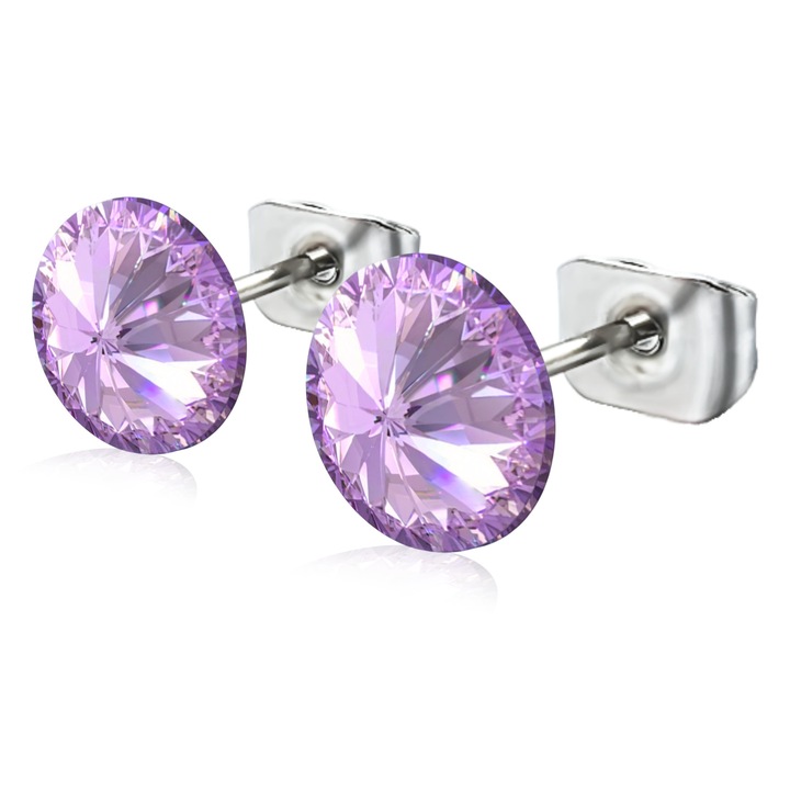 Cercei cristal Swarovski, Violet, 6 mm, otel inoxidabil, tip surub