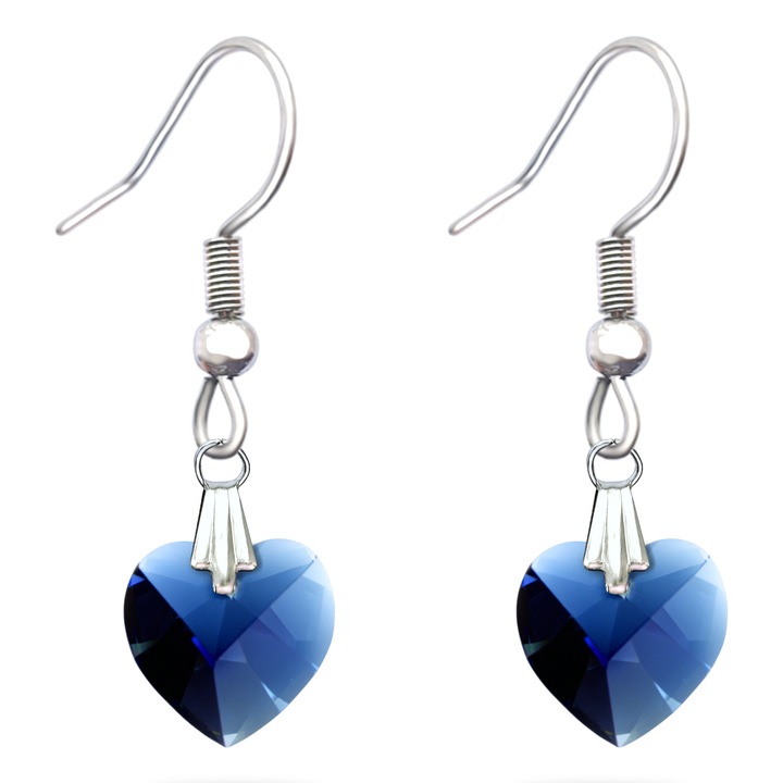 Cercei pandantiv cristal Swarovski, inima, Dark Indigo, 10 mm, otel inoxidabil
