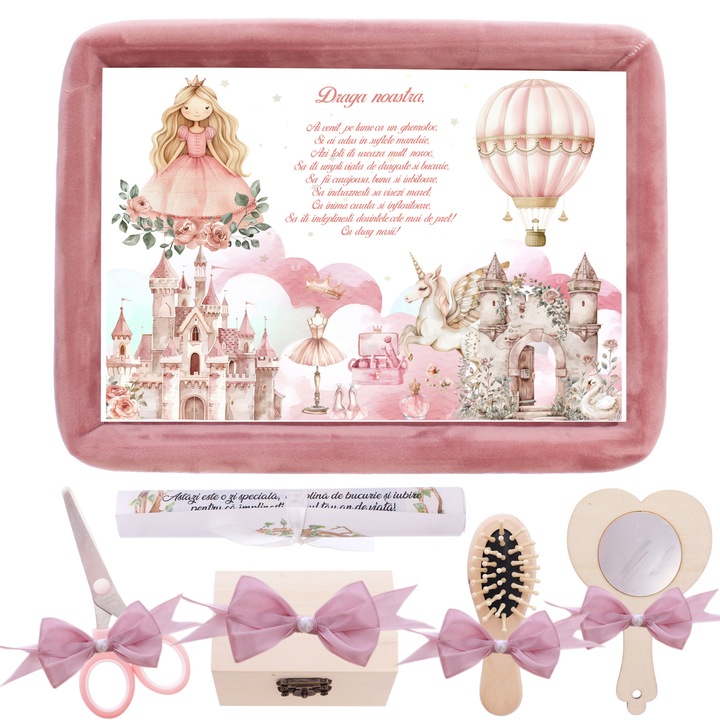 Tavita mot/turta fete, aniversare 1 an, Printesa, catifea roz pudrat, 7 piese, 34x25 cm, Recostore®, REC5011/16