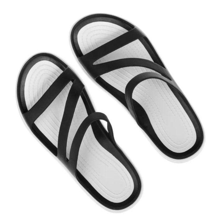 Papuci de plaja, pentru femei, confortabili cu talpa reliefata si barete, negru/alb, 38