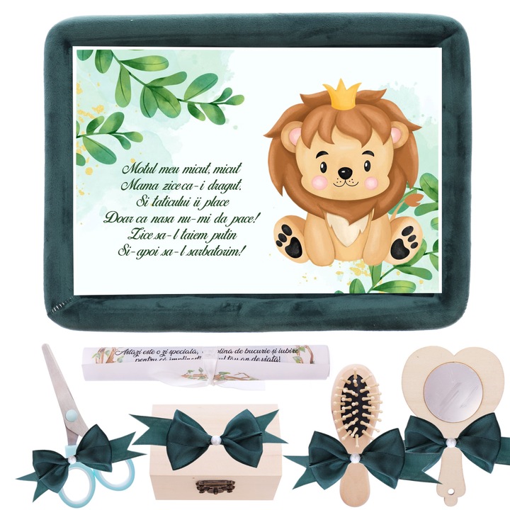 Tavita mot baieti, aniversare 1 an, Regele Leu, catifea verde inchis 7 piese, 34x25 cm, Recostore®, REC5011/24