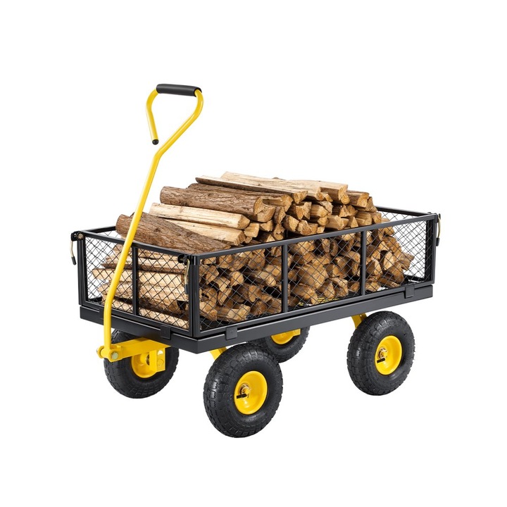 Kerti kocsi, strapabíró, 408 kg teherbírású, ideális az udvarra, acélból, fekete és sárga színben