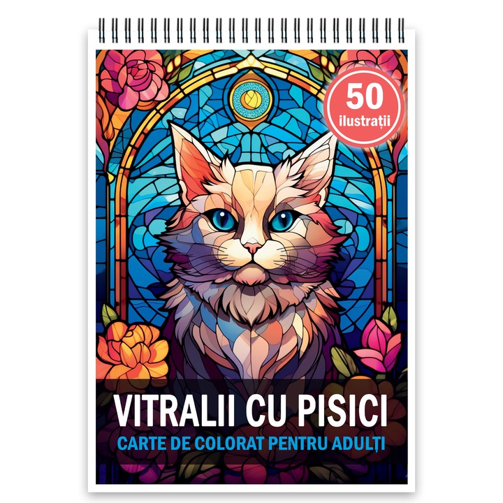 Kifestőkönyv, 50 illusztráció, Ólomüveg macskákkal, 106 oldal, Formátum: A5, Cadouri Legendare Kiadó