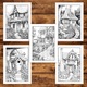 Kifestőkönyv felnőtteknek, 50 illusztráció, Festői házak, 106 oldal