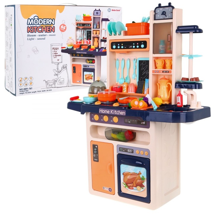 Bucatarie pentru copii EuroToys, model multifunctional, 65 elemente, cu apa, 93,5x71x28,5cm