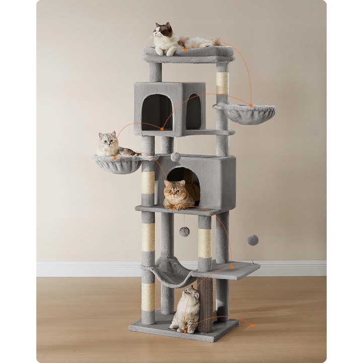Драскалка за котки, FEANDREA, 175x45x57см, 2 пещери, хамак, сива