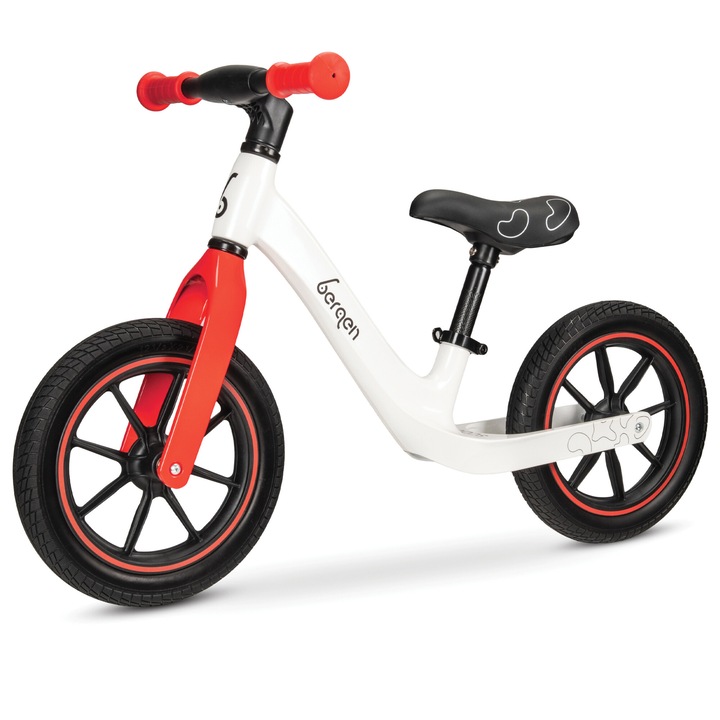Велосипед за баланс Bergen SCOUT, бяло-червен с черни детайли, 12-инчови гуми, устойчиви на пробиване, тегло 3 кг, за деца над 2 години