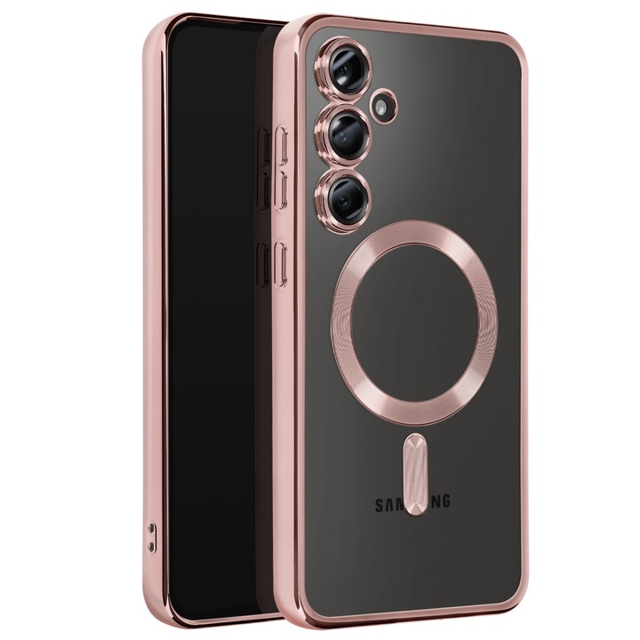 Кейс за Samsung Galaxy A15 DaDen® MagSafe Luxury съвместим със защита на камерата, Ultra Protection, Прозрачен с розови ръбове