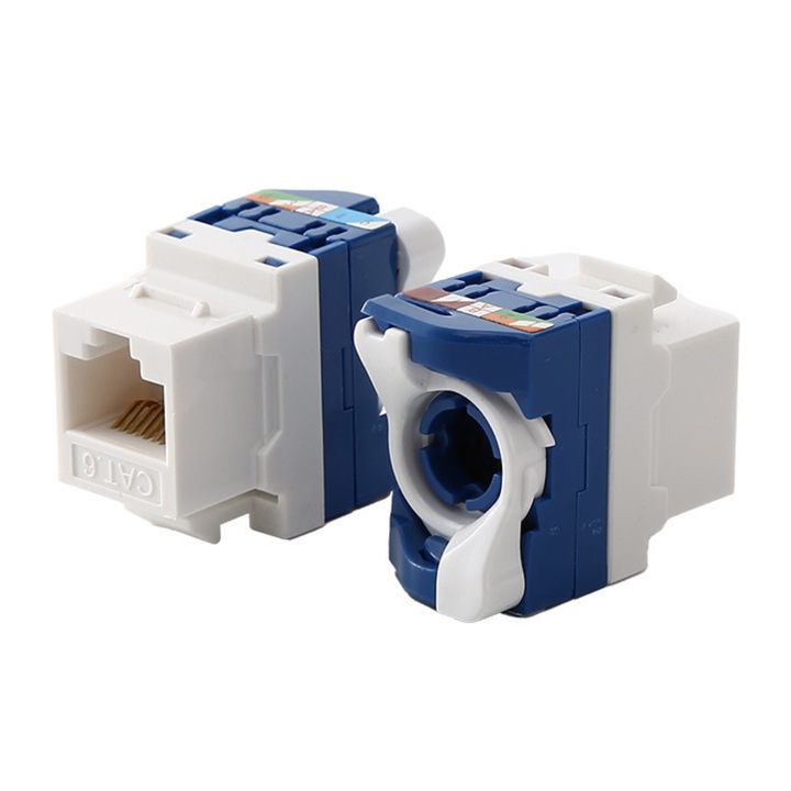 Комплект от 2 Keystone конектора Nuvoro RJ45 CAT6, самокримпване, без инструменти, интегрирана кабелна поддръжка, 1 Gigabit, за стелаж, модулен жак, синьо-бял