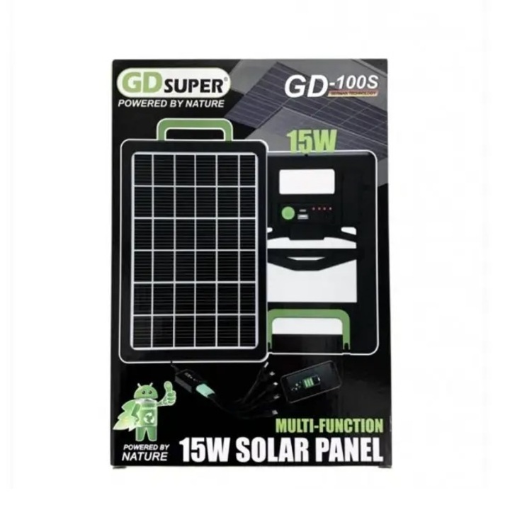 Panou solar 15W cu acumulator 1200mAh, GD-100S, portabil, cu mufe pentru incarcare devide-uri, 29x19cm, negru