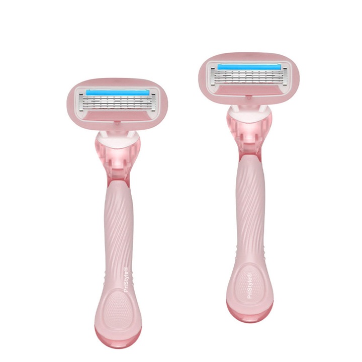 Set 2 Aparat de Ras Clasic Reutilizabil, pentru Femei, cu 5 Lame, Gel Aloe Vera si Banda Anti Zgarieturi, Perfect pentru Epilare si Zone Sensibile, Cap Interschimbabil, Roz, Pristyle®