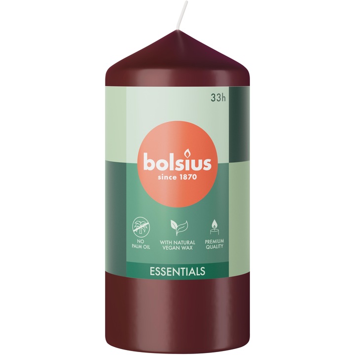 Candela BOLSIUS Essentials, 12x5,8cm, bezzapachina, rosu, timp de ardere 33 ore