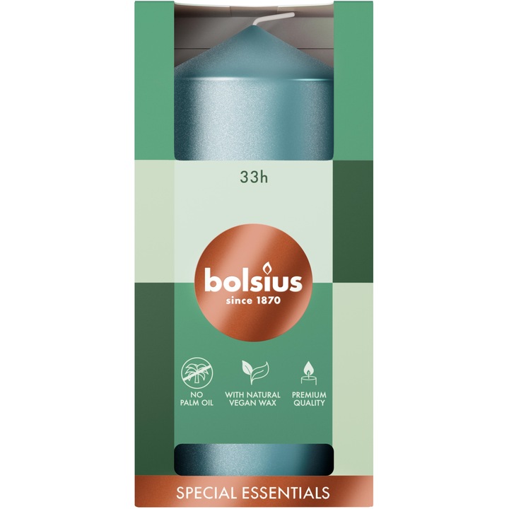 Цилиндрична свещ BOLSIUS, 12x5,8 см, син металик, без аромат, време на горене 33 часа