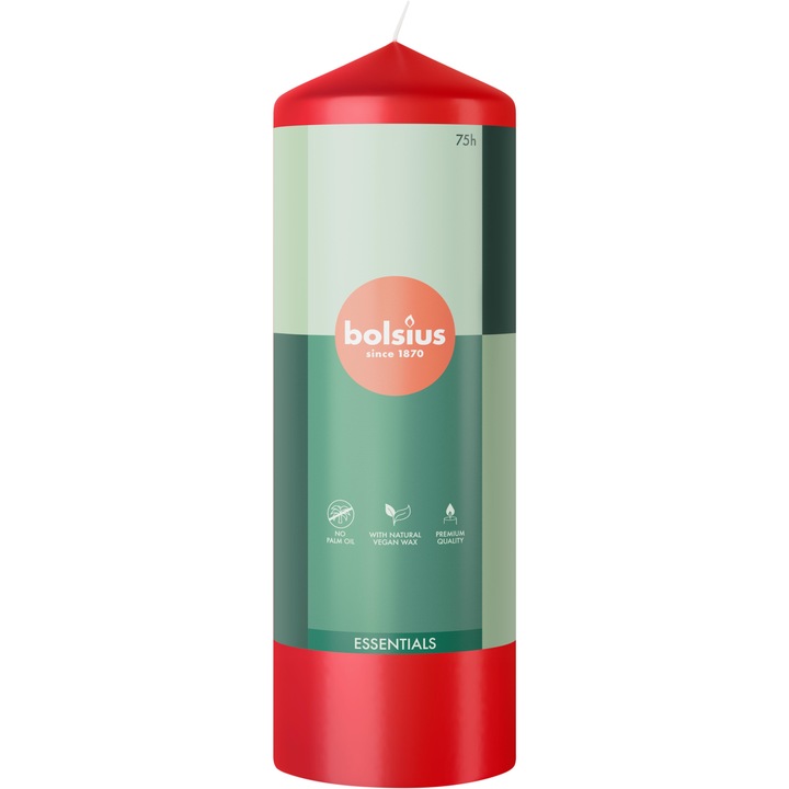 Candela BOLSIUS Essentials, 20cm, delicat rosu, fara parfum, 75 ore ardere