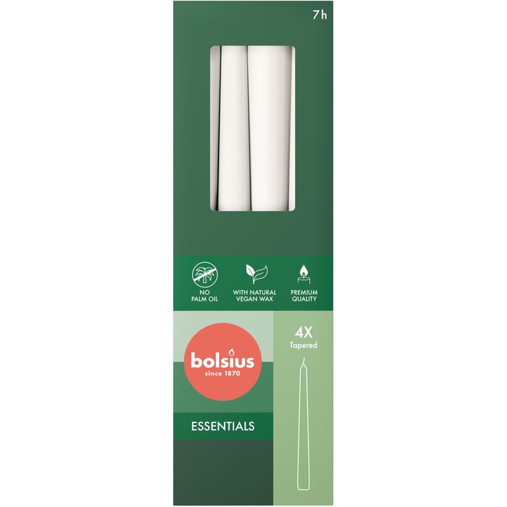 Комплект 4 декоративни конусовидни свещи BOLSIUS Essentials 7H, 24,5 см, матирано бяло