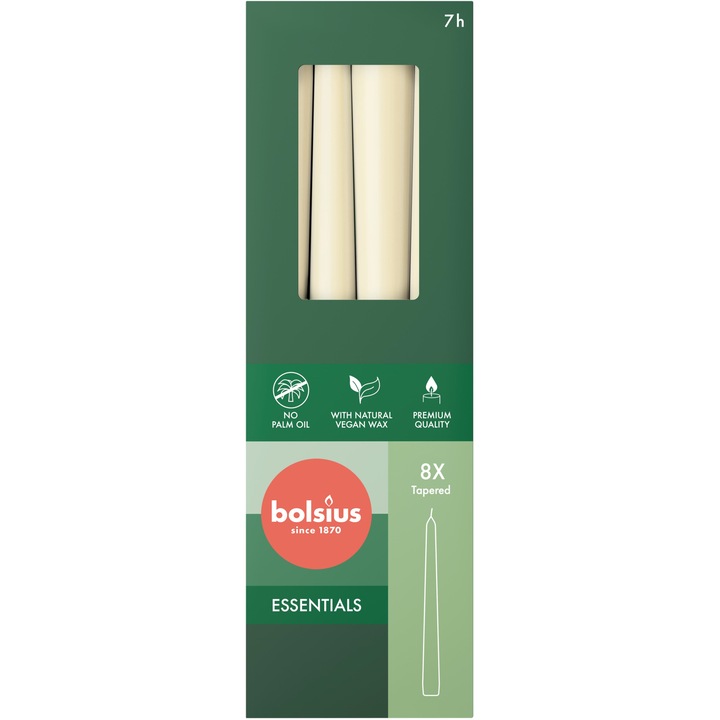 Комплект от 8 декоративни свещи BOLSIUS Essentials, перлени, 24,5x2,4 см, без аромат, 7 часа време на горене
