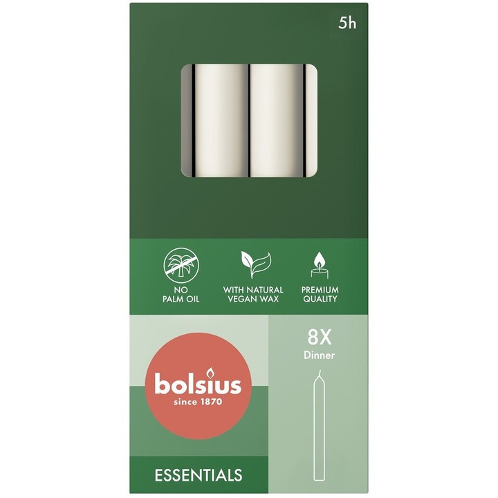 Комплект от 8 декоративни свещи BOLSIUS Essentials, 17x2 см, без аромат, матирано бяло