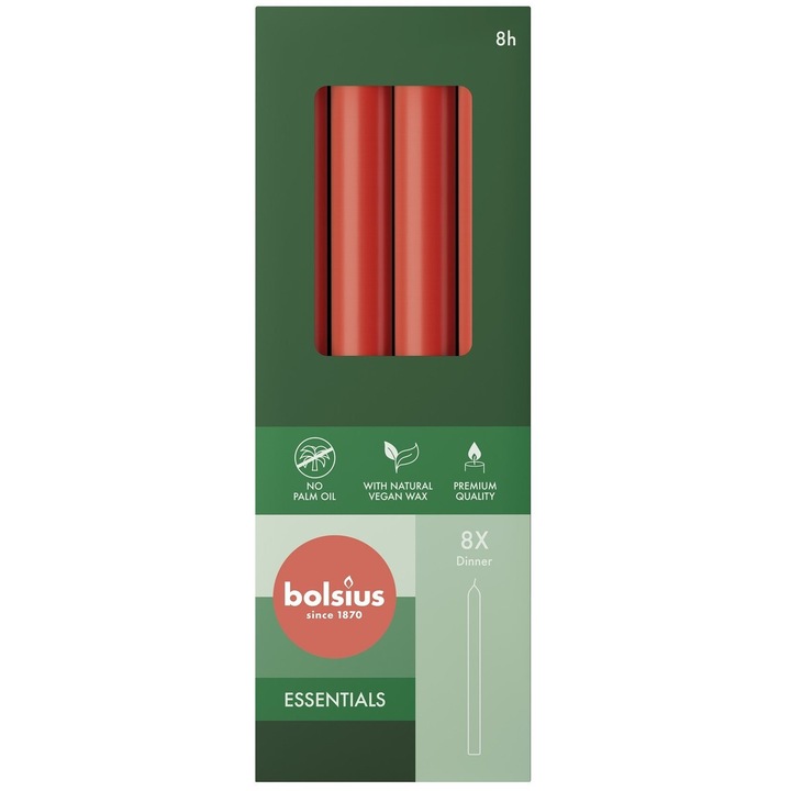 Комплект от 8 свещи BOLSIUS Essentials, нежни червени, 23x2 см, без аромат, 8 часа време на горене