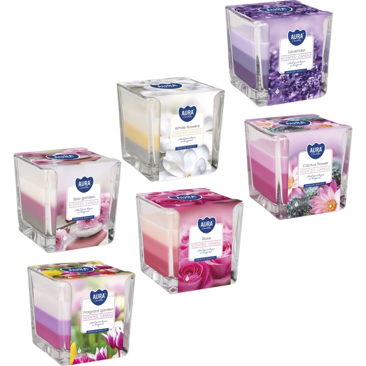 Комплект от 6 трицветни ароматизирани свещи Bispol, аромат на цветя, време на горене 32 часа