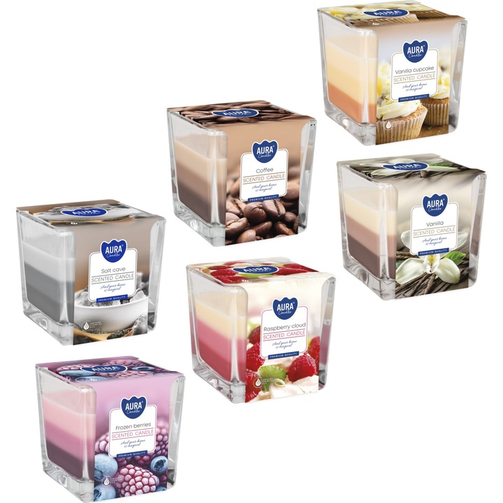 Комплект от 6 броя ароматизирани свещи в трицветно стъкло BISPOL, ароматни, 32ч