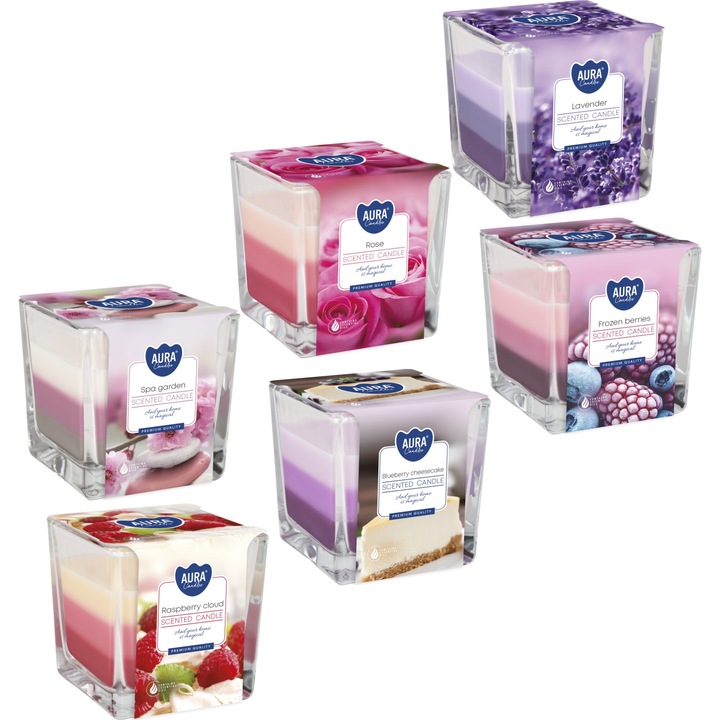 Комплект от 6 броя ароматизирани свещи в стъкло, Bispol, 32h, многоцветни, разнообразен аромат