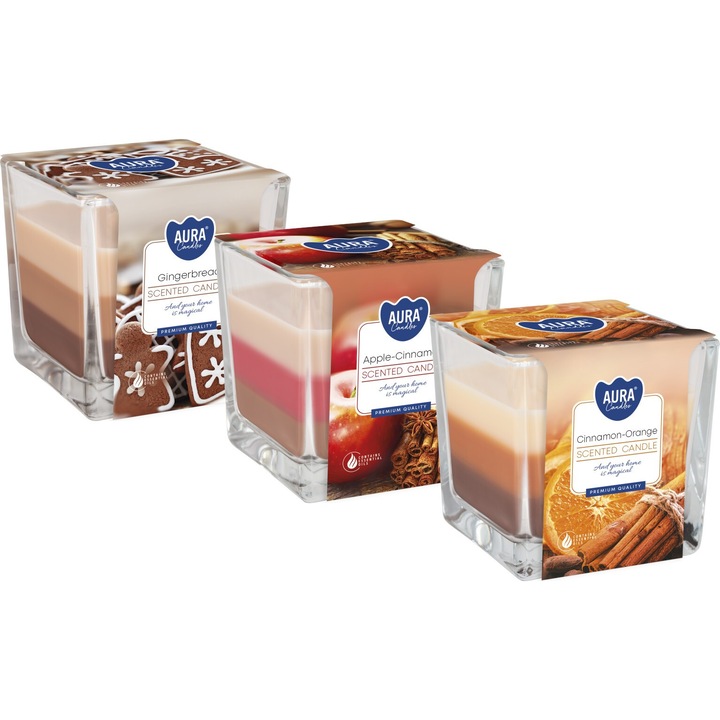 Комплект от 3 броя ароматизирани свещи в трицветно стъкло BISPOL Aura, 32h, ароматни