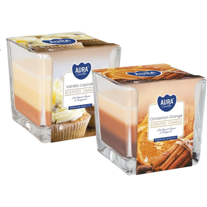 Комплект ароматизирани свещи от трицветно стъкло BISPOL Aura 32H, 2 бр