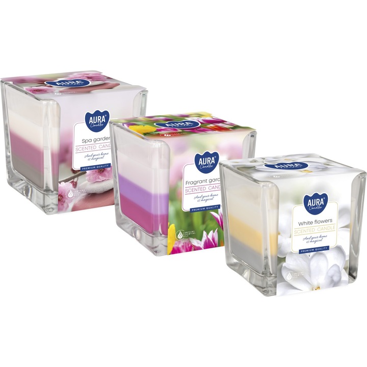 Комплект от 3 ароматни свещи с два фитила, BISPOL Aura, многоцветни, 32h