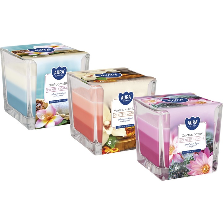 Комплект от 3 ароматни свещи с два фитила, BISPOL, 32h, многоцветни