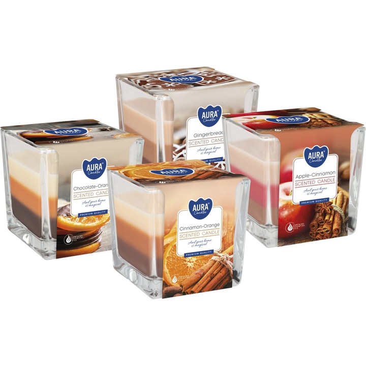 Комплект от 4 ароматни свещи с 2 фитила, BISPOL, 32h, многоцветни