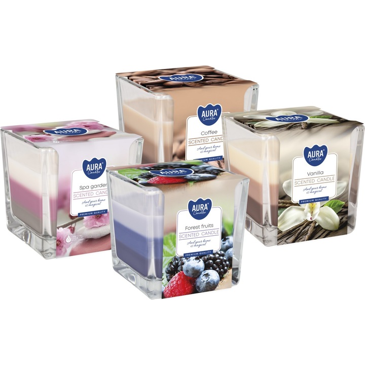 Комплект от 4 ароматни свещи с два фитила, BISPOL, 32h, многоцветни