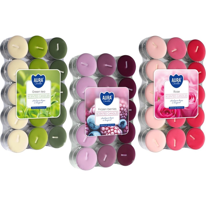 Комплект ароматизирани свещи Bispol Aura 4H MIX, 3x30 части, аромат: зелен чай, горски плодове, роза, многоцветни