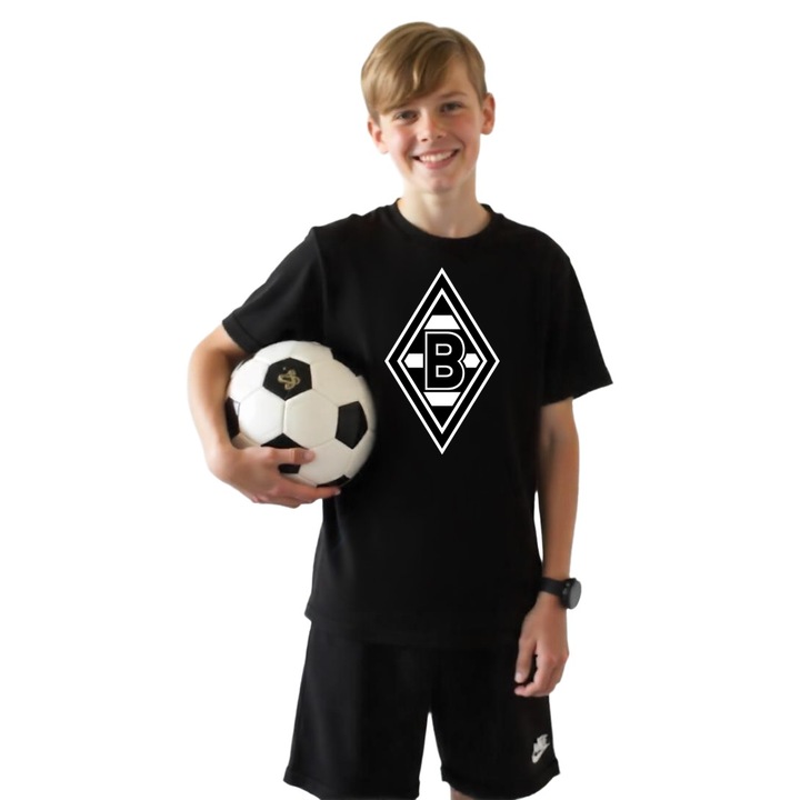 Tricou Sportiv copii cu echipa de fotbal Borussia Monchengladbach din bumbac 100%, Negru, 134 cm, 7-8 ani