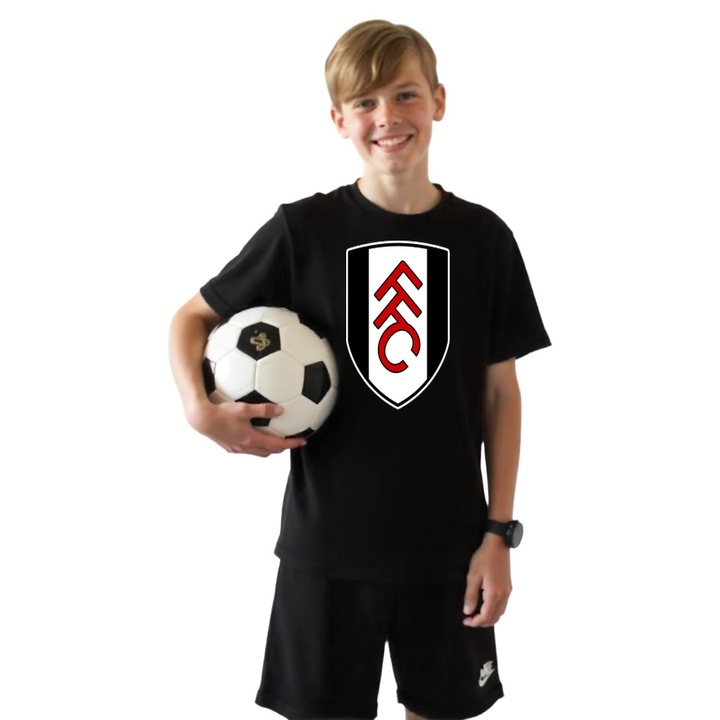 Tricou Sportiv copii cu echipa de fotbal Fulham FC din bumbac 100%, Negru, 110 cm, 3-4 ani