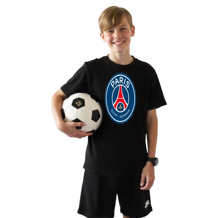 Tricou Sportiv copii cu echipa de fotbal Paris Saint Germain din bumbac 100%, Negru, 110 cm, 3-4 ani