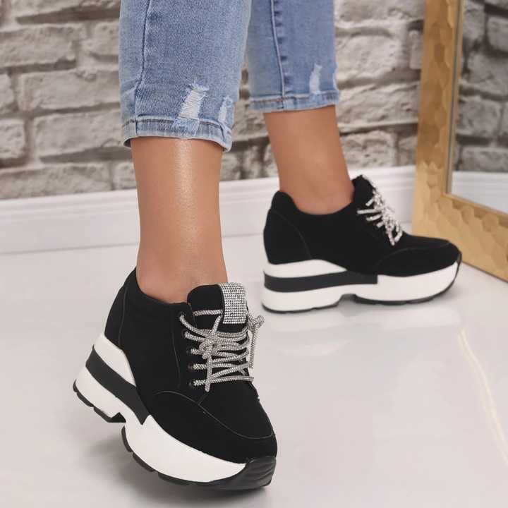 Sneakers dama cu platforma Negri din Piele Ecologica Intoarsa Norota, Negru