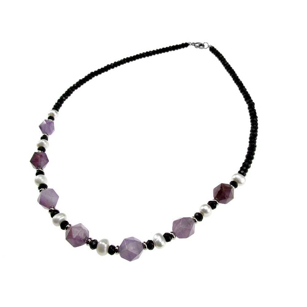 Colier ametist lavanda, perle de cultura si onix, GlamBazaar, 44 cm, cu Ametist, Perle, Onix, Negru, Mov, Alb, tip colier handmade cu pietre naturale