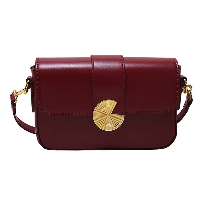 Дамска чанта през рамо, с отделения, кожена, бордо, регулируема презрамка