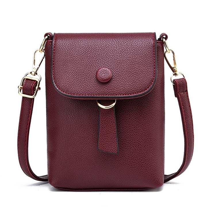 Női válltáska, bordó, ökobőr, állítható pánttal, multifunkcionális